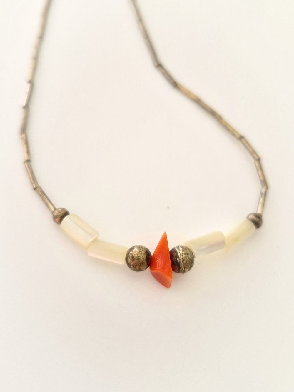 Vintage Sterling Silver Beaded Coral MOP Necklace